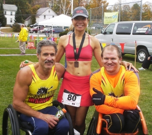 (L-R) Grant Berthiaume, Sophia Shi and Aaron Roux. Grant and Arron are wheelchair athletes competing in 50 Ability Marathons. www.50abilitymara... Sophia is from Freemont, CA and is the first woman to ever complete the Lake Tahoe Triple Dare. She ran three 72 mile marathons in 3 days.
